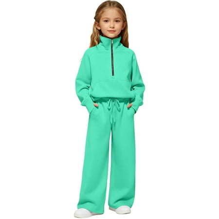 Girls Sweatsuit Tracksuit Set Teen Kids Pullover Sweatshirts and Sweatpants Sweat Set Lounge 2 Piece Outfits Green 11-12 Years