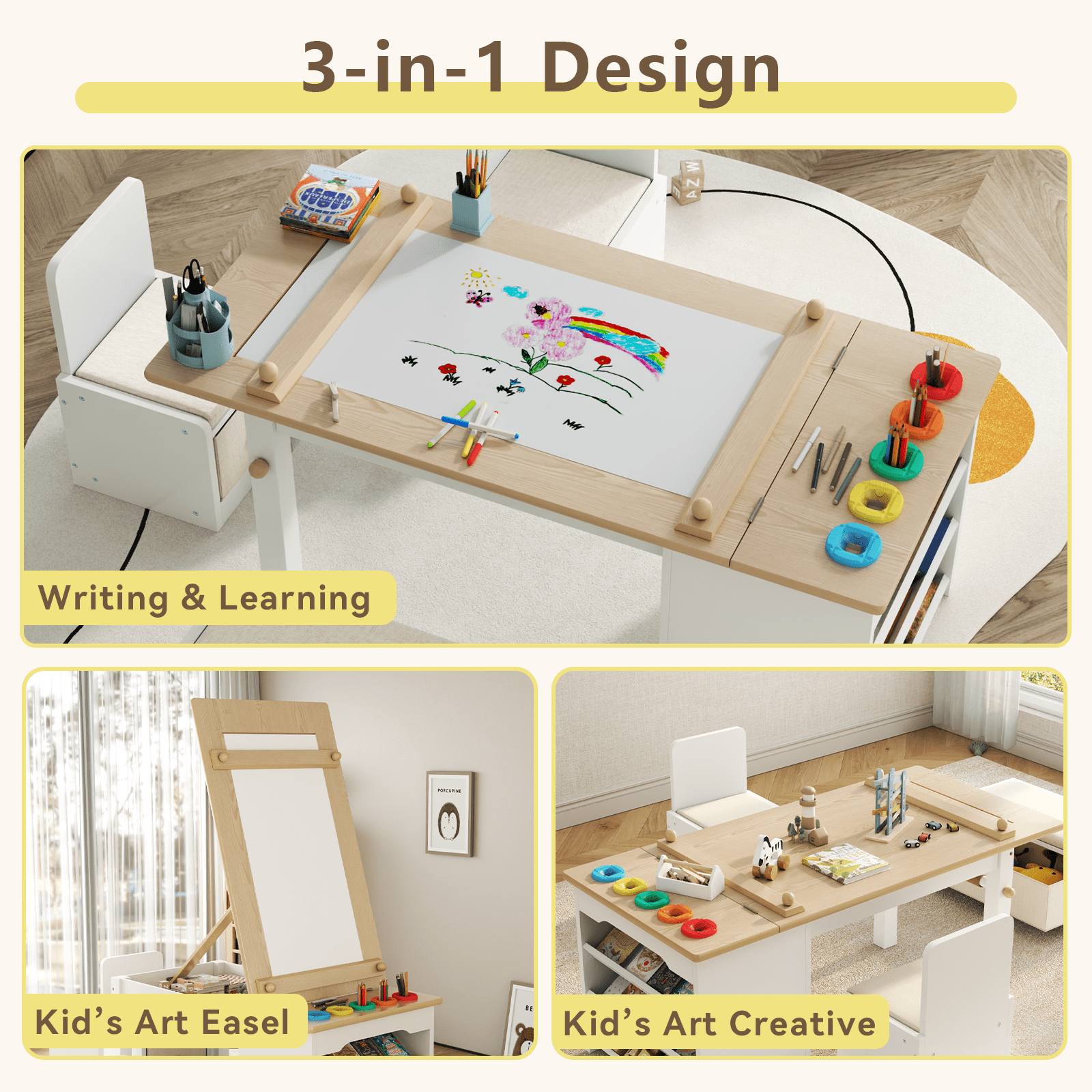 3 in 1 Kids Art Table and Chair Set, Art Desk with Storage Shelves and Drawers, Art Easel with Paint Cups, Paper Roll, Toddler Table and Chair Set w/ Bench & 2 Chairs for Draw, Write, Play, Crafts