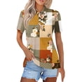 thumbnail image 2 of JoveMarine Women's Short Sleeve Button Up Shirt with Lapel Collar Striped Plaid Print Blouse Casual Work Top for Daily and Office Wear Spring/Summer Beige L, 2 of 6