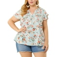 thumbnail image 2 of Women's Plus Size Tops Floral Printed Ruffle Trim V Neck Layered Sleeve Blouse Light Blue 1X, 2 of 7