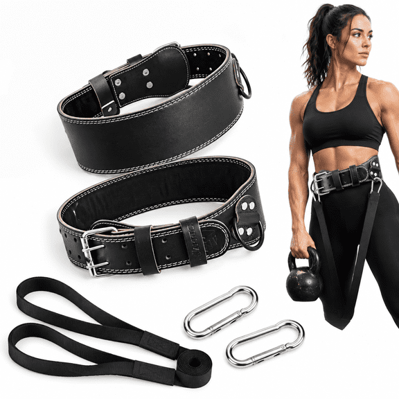 Leather Weight Lifting Belt with 2-in-1 Dip Rope for Gym Powerlifting Squat
