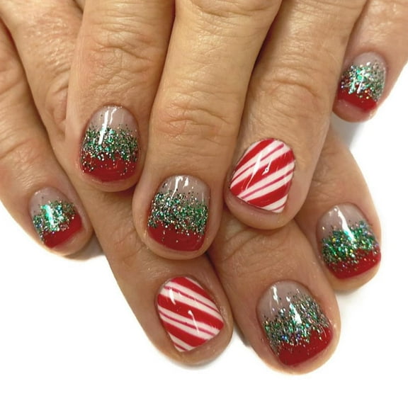 Red Green Gnome Fake Nails Winter Christmas Press on Nails Short Square Acrylic Nails with Stripe Design Glossy Xmas Glue on Nails for Women DIY Holiday Manicure Multicolor Christmas Design 1071