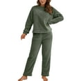 thumbnail image 2 of Innerwin Ensemble de Pyjama en Polaire pour Femmes 2 Pcs Couleur Unie Col Rond Chaud Sherpa Vert Armée TG, 2 of 4