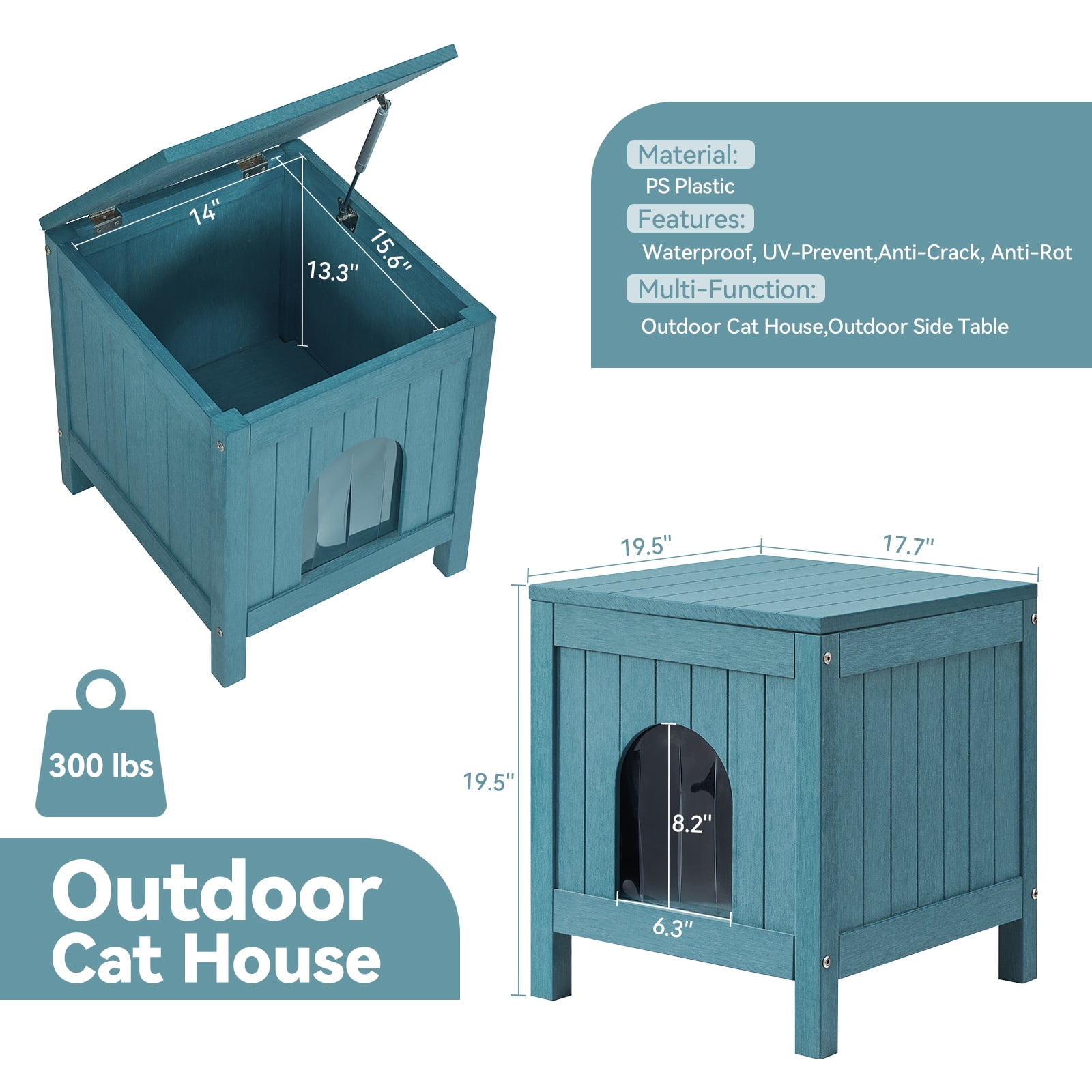 GONICHA Insulated Cat House, Weatherproof Poly Lumber Outdoor Cat House, Moisture-Proof Elevated Cat Shelter with Side Table Function, Openable Roof to Easy Cleaning Cat Houses for Outdoor Cats-Blue