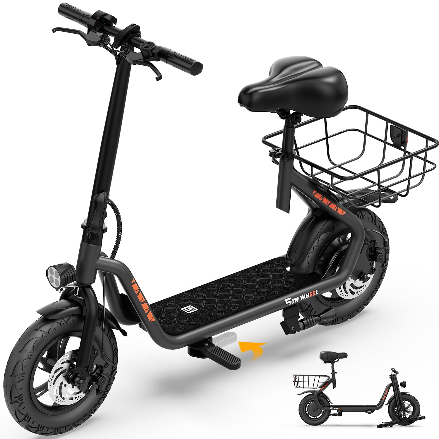 5TH WHEEL LB26 Peak 750W Motor Electric Scooter for Adults with Seat and Carry Basket, 36V 7.8Ah 20Miles Range & 20Mph, 12" Foldable E Scooter for Commuting, UL 2272