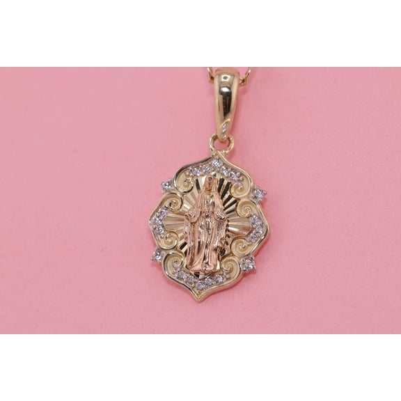 14k Solid Gold Virgin Mary Virgin Maria Lady Guadalupe Heart Pendant