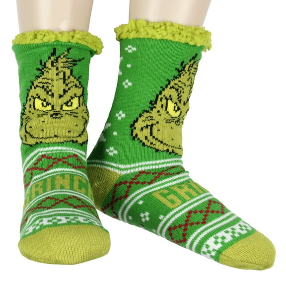 Dr. Seuss Socks The Grinch Socks Women's Grinch Face Fair Isle Sweater Knit Plush Fleece Lined Non-Slip Cozy Slipper Crew Socks