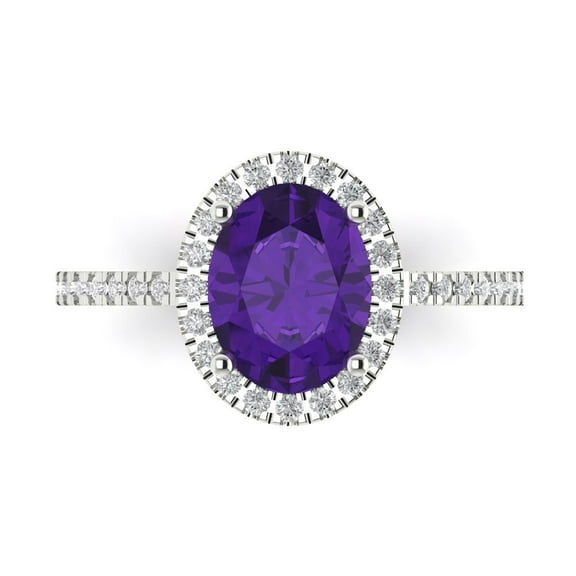 2.27 ctw with Simulated Diamond Halo Accents Anniversary Ring for Women | Oval Cut Natural Amethyst | Hyperallergenic Solid 14K White Gold