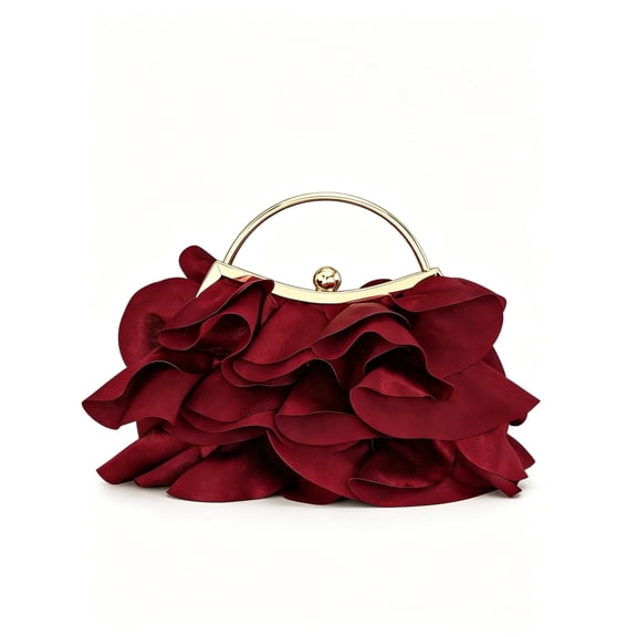 Women's Elegant Ruffle Evening Clutch Bag with Metal Handle, Floral Inspired Handbag for Wedding Party Prom