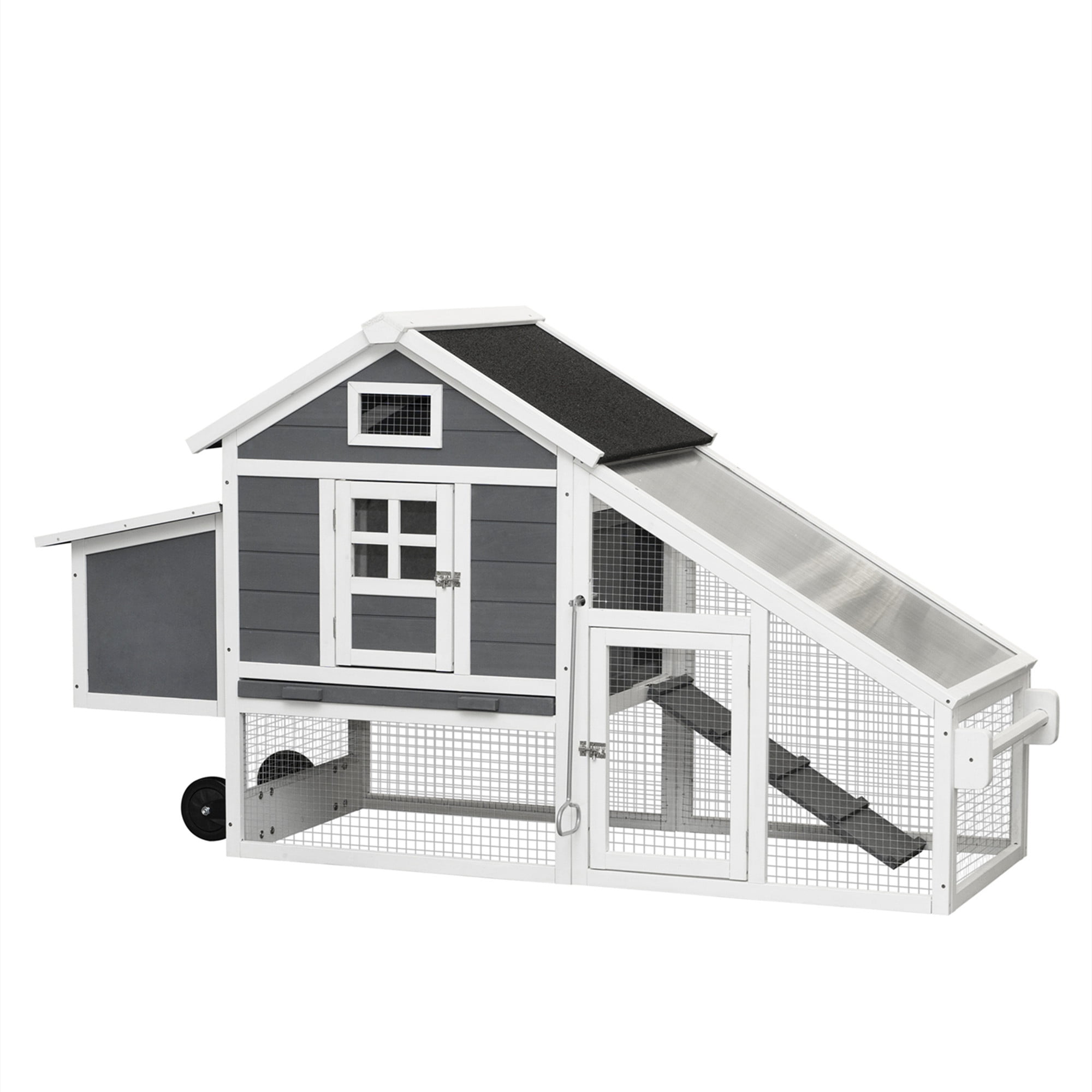 Aukfa 71" Chicken Coop Wooden Poultry Cage with Wheels & Nesting Box for Outdoor, Gray