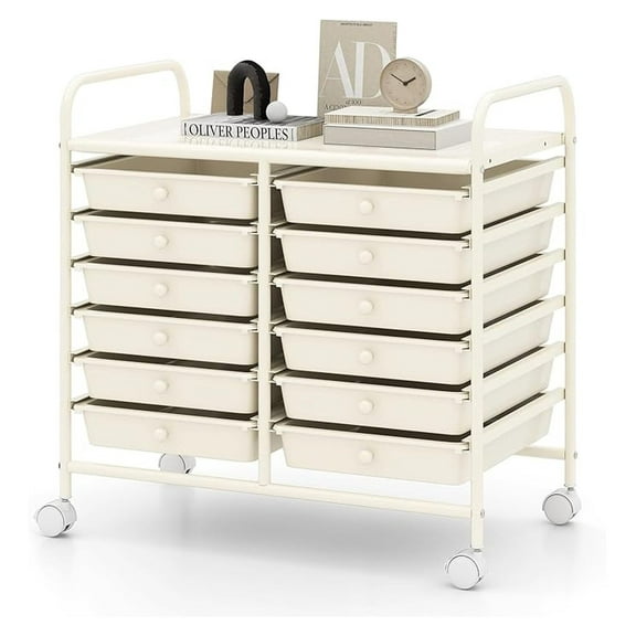 12-Drawer Rolling Storage Cart - Mobile Utility Cart on Wheels for School Classroom Teacher Office Salon, Paper File Art Supply Organizer, Rolling Cart with Drawers (White)