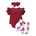 thumbnail image 5 of IBTOM CASTLE Newborn Baby Girls Coming Home Outfit Ruffle Romper Short Pants Headband Summer Clothes Set, 3-Piece 6-12 Months Wine Red, 5 of 8