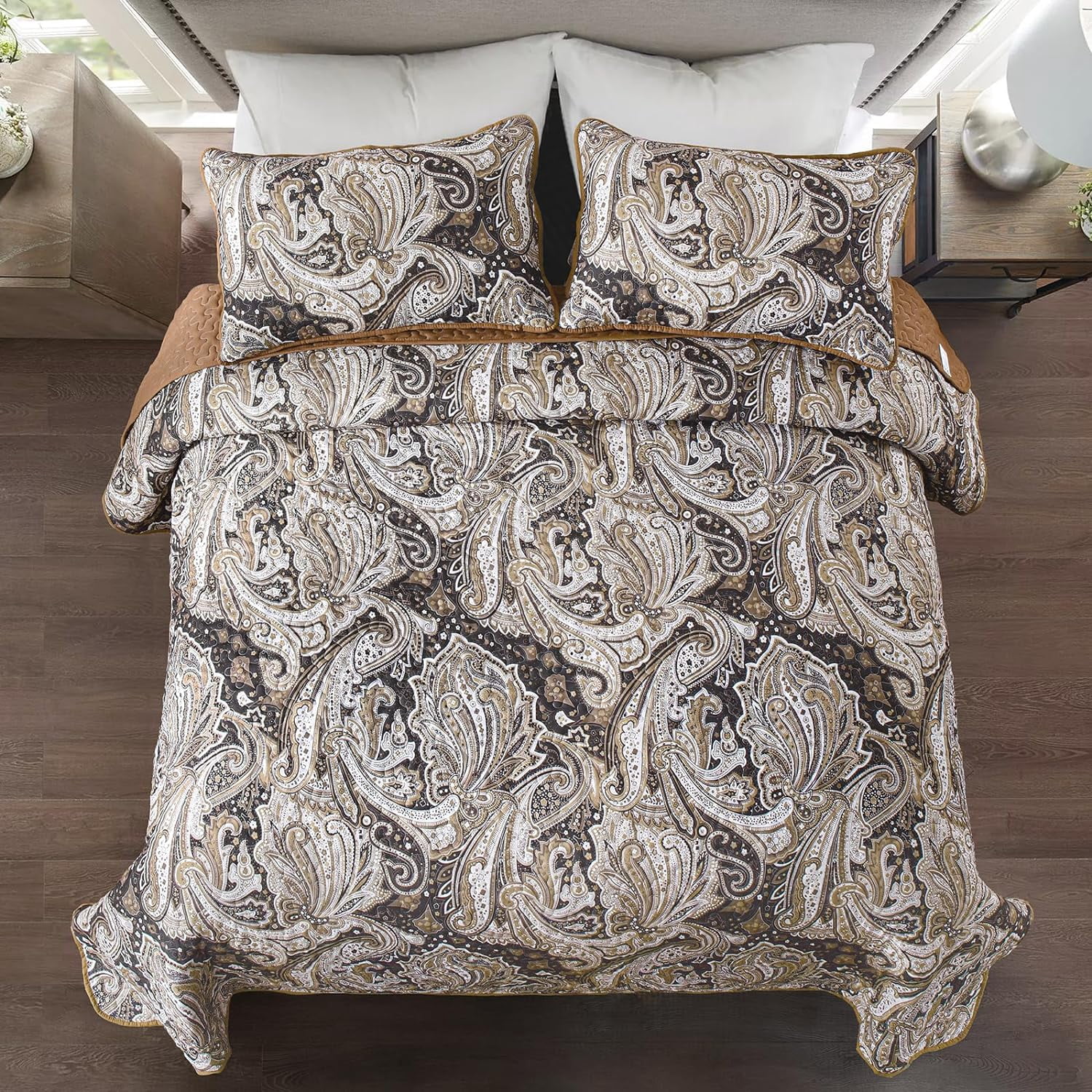 Dintszyayue Brown Paisley Quilt Set King Size,1Bedspreads and 2Pillowcases Soft Adult Coverlets(90"x110")