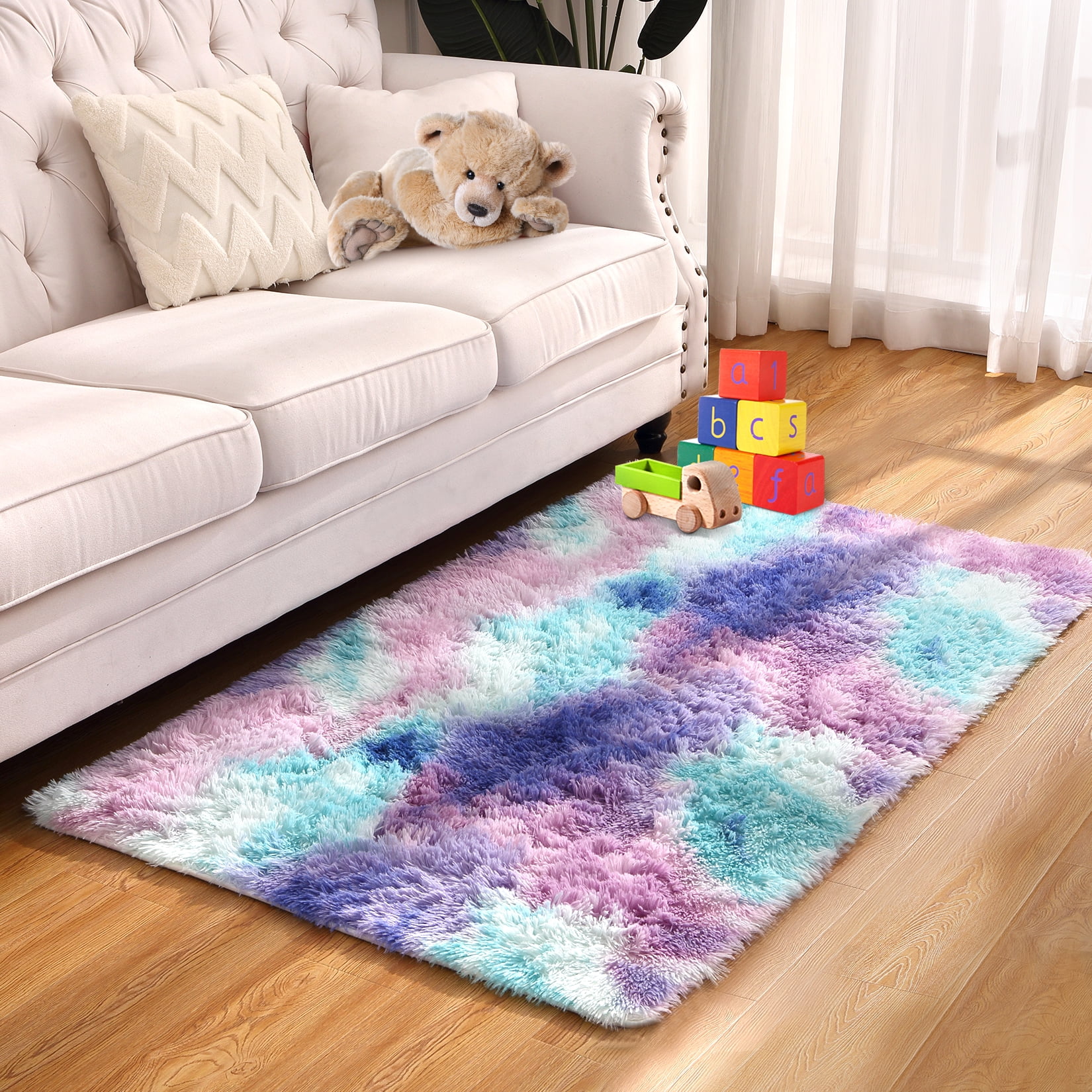 GlowSol 3'x5' Fluffy Kids Rug for Girls Bedroom, Kawaii Colorful Tie