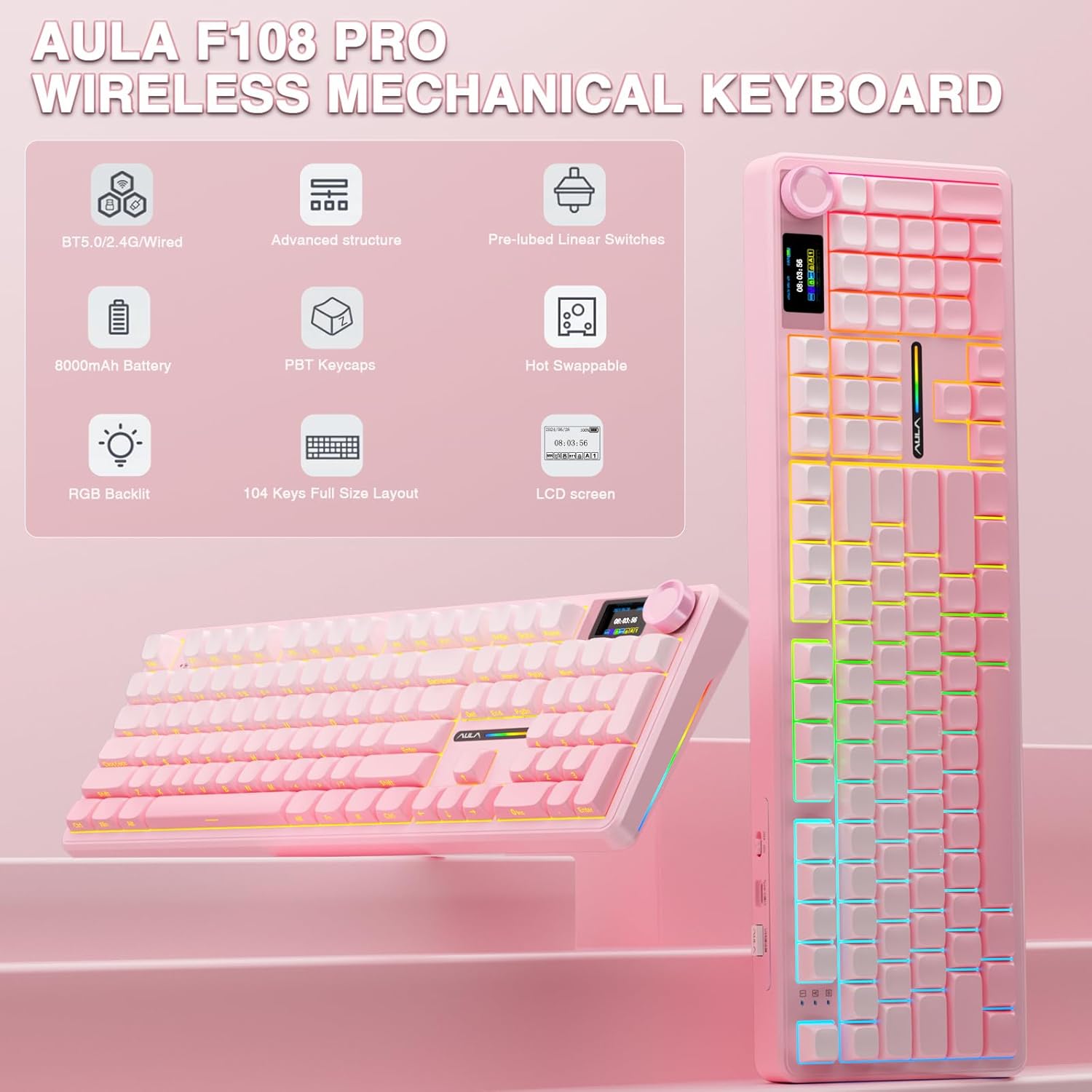 Restored AULA F99 Pro Wireless Mechanical Keyboard with Knob,Tri-Mode BT5.0/USB-C/2.4GHz Hot Swappable Keyboard,Gasket Structure,Creamy Sound,RGB Backlit Computer Gaming Keyboards