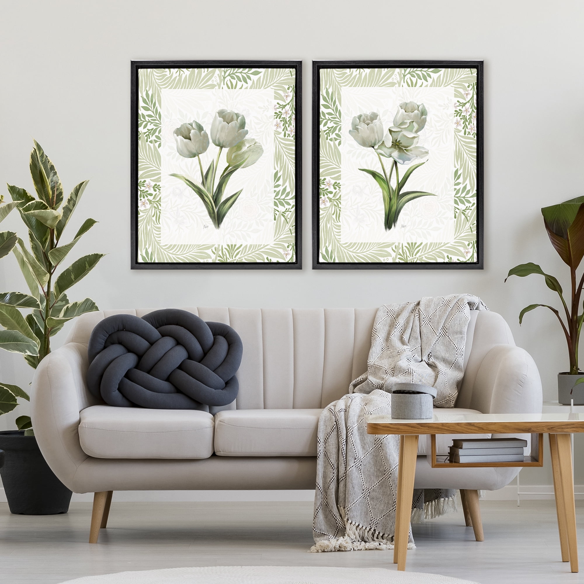 Stupell Industries Soft Green Tulip Trios 2 Piece Black Framed Floater Canvas Set, design by Nan