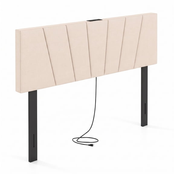Furnibear Geometric Channel Upholstered Headboard with 2 AC Outlets and USB and Type-C Charging Ports for Full and Queen Size Beds, Beige