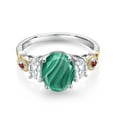 thumbnail image 2 of Gem Stone King 925 Silver and 10K Yellow Gold 3-Stone Ring Oval Green Malachite and Moissanite (3.03 Cttw, Size 6), 2 of 3