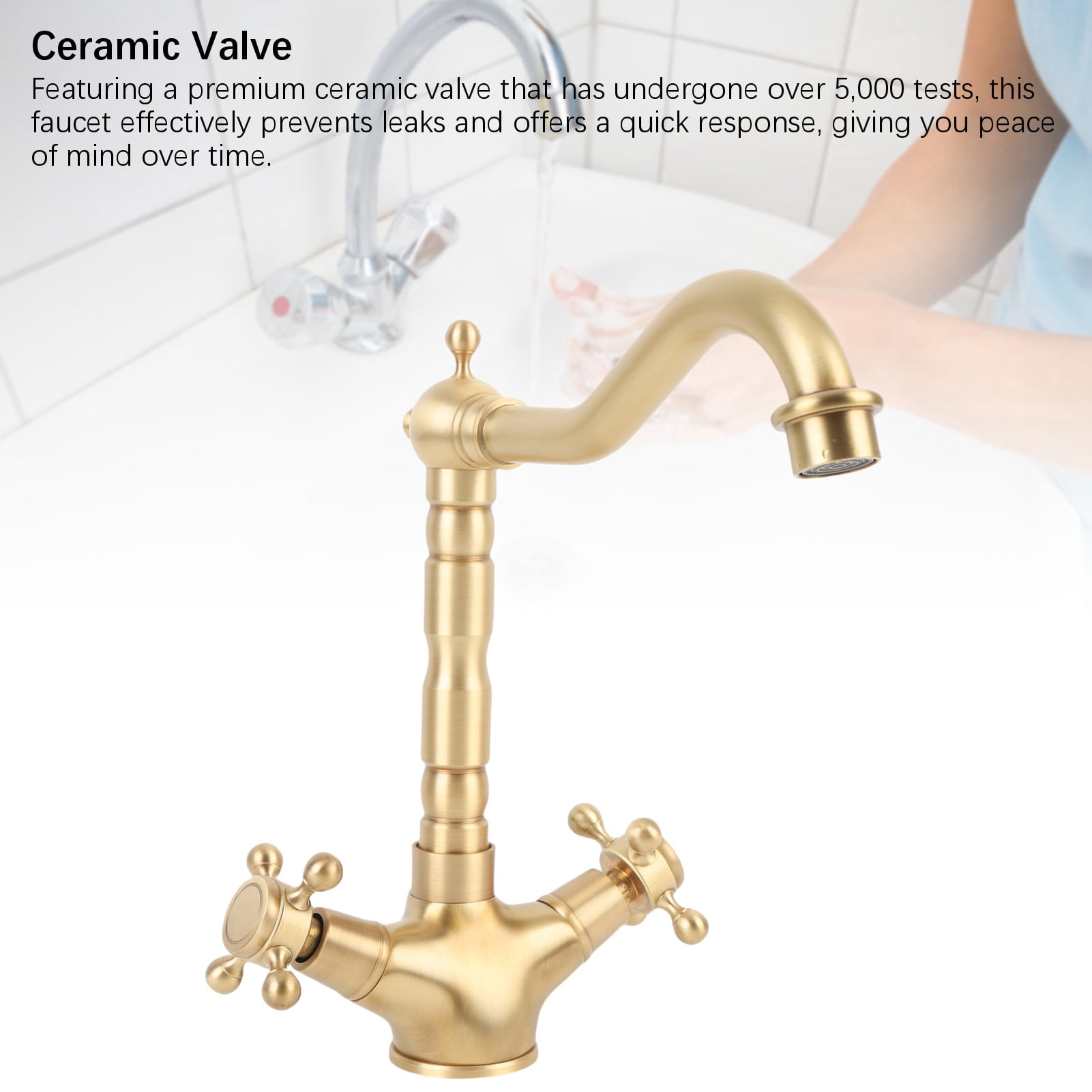 YAHHU Basin Faucet Short Brass Double Handle Cold Hot Water Swivel Sink Faucet for Kitchen Bathroom European Antique Style (9.4 inches / 24 cm)