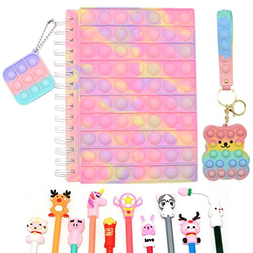 A 100pages/50sheets with Small Wallet Push Keychain Pop DAN SPEED Bubble Silicone Pop on It Notebook Macaron Spiral Notebook Paper Fidget Toy Portable for School Home College Office 