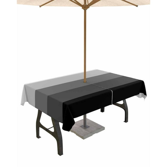 nqOlkjepod Black Grey Ombre Outdoor Tablecloth with Umbrella Hole & Zipper, Modern Abstract Art Farmhouse Striped Rectangle Table Cover 60x84 Inch, Dining Waterproof Table Cloth Protector for Patio