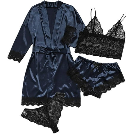 

SOLY HUX Women s Satin Pajama Set 4pcs Floral Lace Trim Cami Lingerie Sleepwear with Robe
