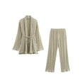 thumbnail image 2 of HH TRAF Conjunto de pantalón de 2 piezas para mujer, primavera, con textura de cinturón, estilo kimono, camisa y pantalón largo de pierna ancha de color liso a la moda salvaje para mujer, 2 of 5
