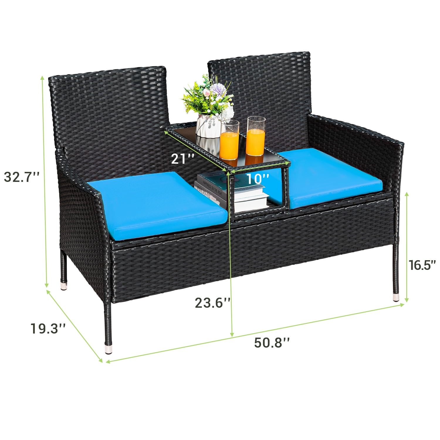 Devoko Outdoor Patio Loveseat Rattan Patio Conversation Furniture Set with Coffee Table, Blue