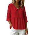 thumbnail image 2 of Women's Doll Collar Eyelet 3/4 Sleeve Peplum Blouse Red S, 2 of 7