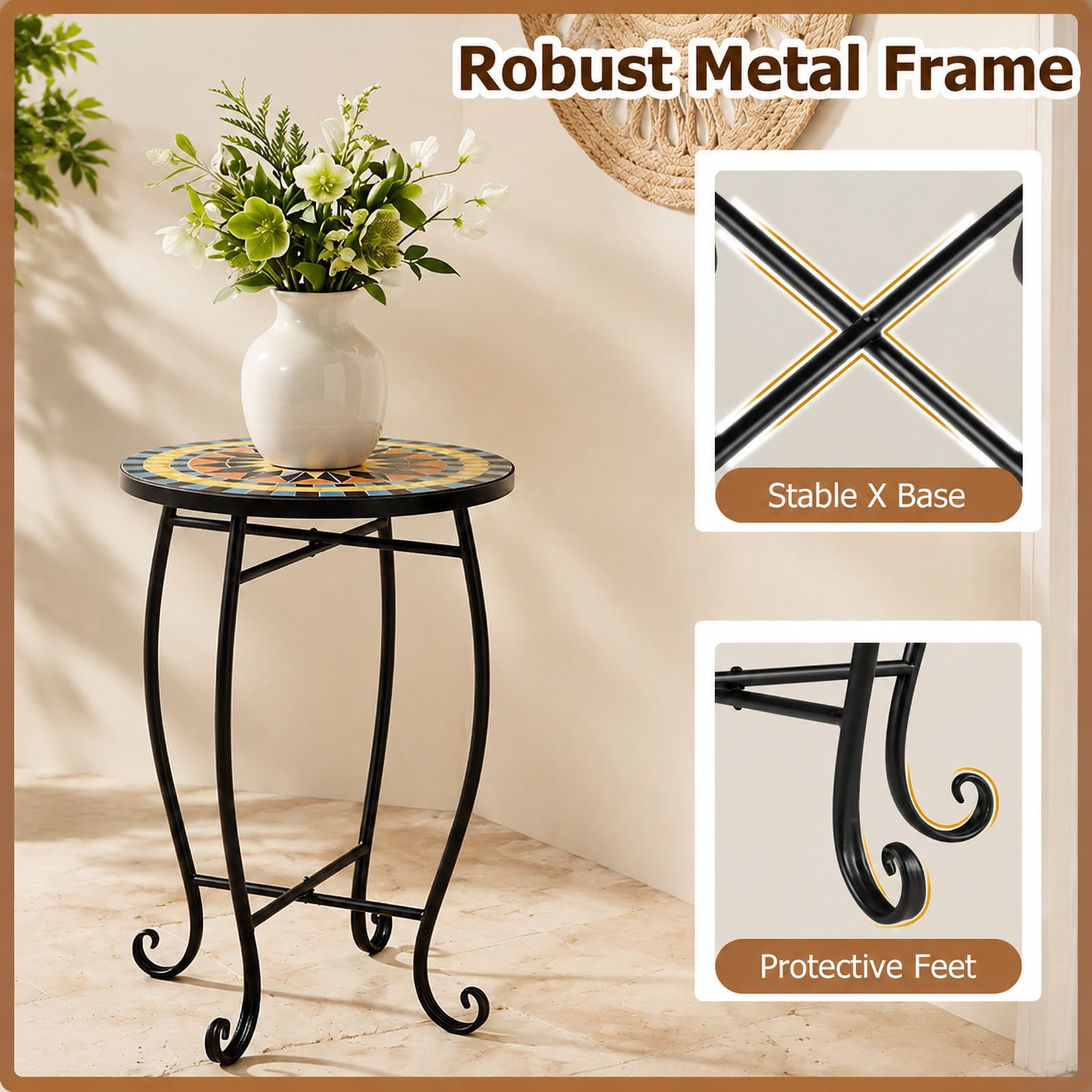 Biotree 14 Inch Mosaic Patio Accent Table, Metal Outdoor Side Table Plant Stand with Sunflower Floral Top and X-Base for Backyard Poolside, Yellow