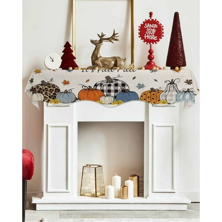 

Fireplace Mantel Scarf Mantel Shelf Top Scarf Runner 60x17 Inch Fall Thanksgiving Orange Blue and Black Plaid Pumpkins Retro Fireplace Mantel Scarves Cover Indoor Decorations