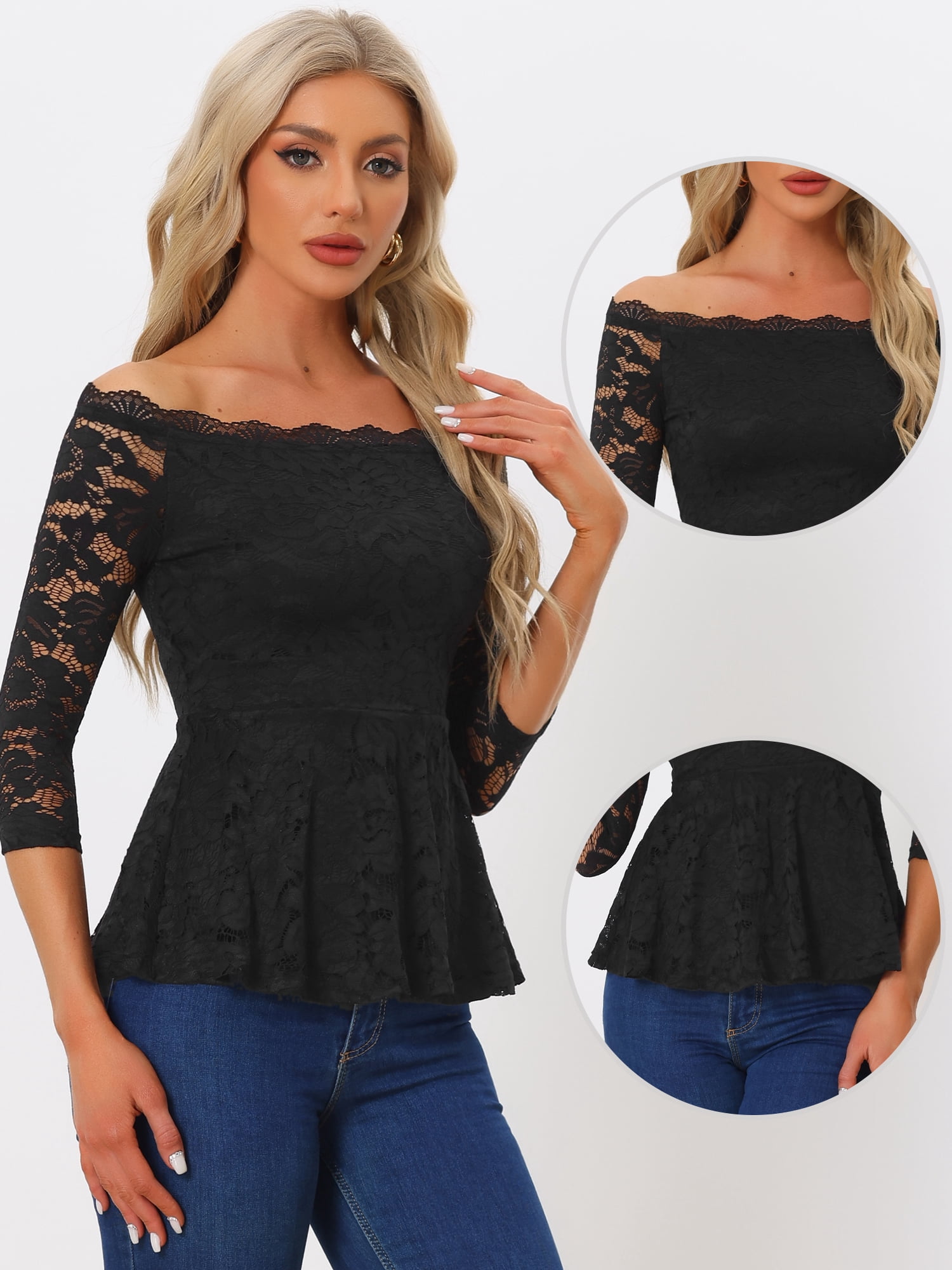 DARING DIVA Lace Off the Shoulder Sheer Peplum Blouse Top S Black