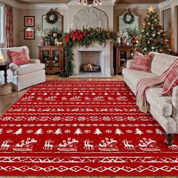 BERTHMEER Large Christmas Area Rug 8'X10' Christmas for Living Room Bedroom Dining Room Laundry Snowflake Print Washable Non-slip Rug,Red