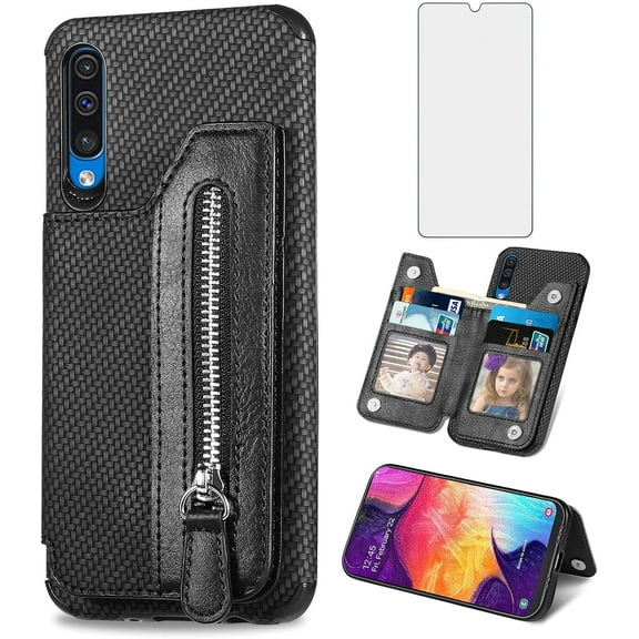 Phone Case for Samsung Galaxy A50 A50S A30S Wallet Cover with Screen Protector and Zipper Credit Card Holder Stand Leather Cell Accessories Glaxay A 50 50S 30S Gaxaly S50 50A SM A505G Women Men Black
