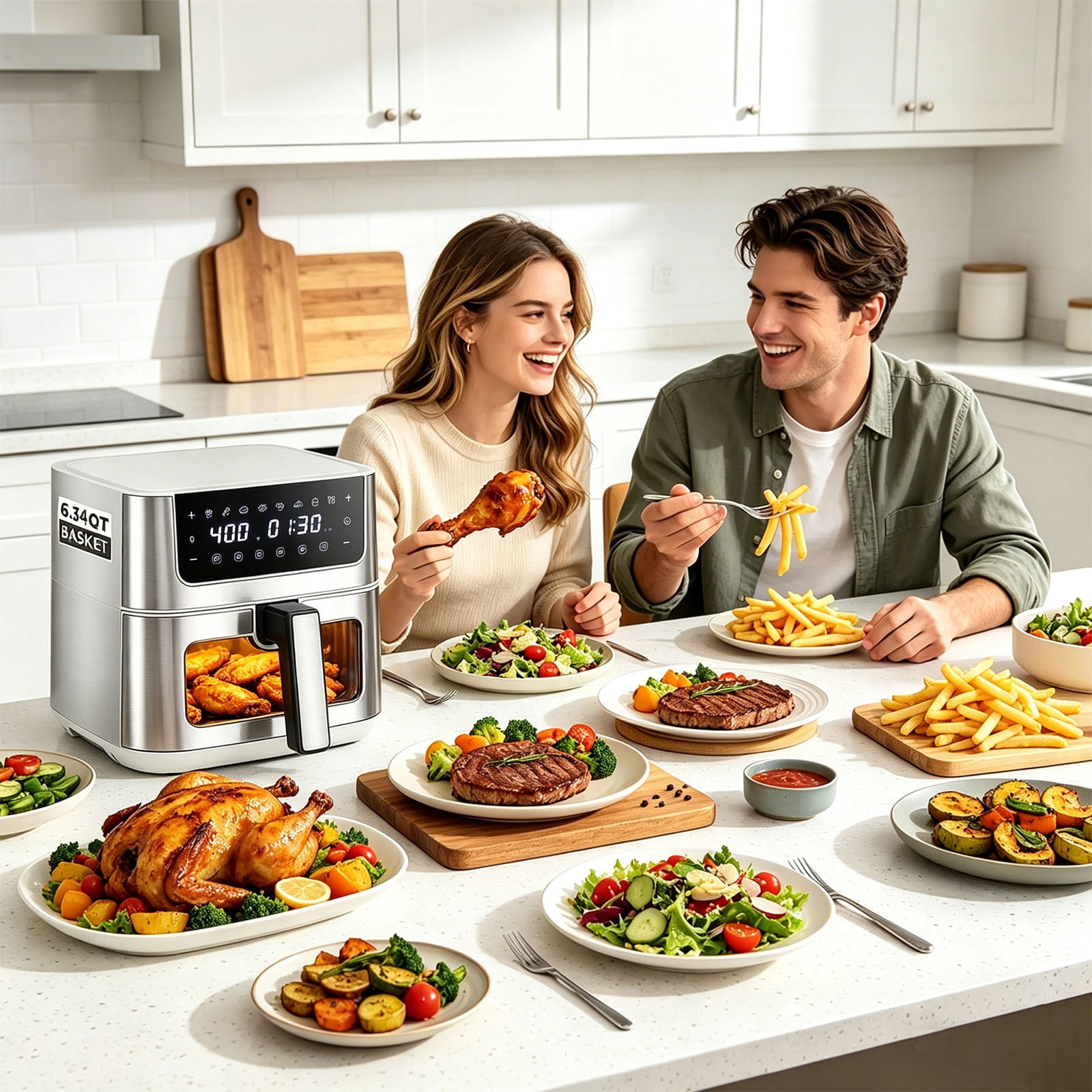 Casabay 6.34 QT Air Fryer with Viewing Window, 1500W 8-in-1 Electric Hot Air Fryer Oven, Digital Display, Compact Multi-Functional Cooker for Home Kitchen, White