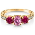 thumbnail image 3 of Gem Stone King 18K Yellow Gold Plated Silver 3-Stone Ring Oval Pink Moissanite and Created Ruby Red (2.22 Cttw, Size 9), 3 of 6