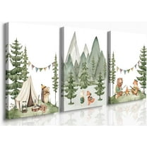 Hieng Baby Boy Nursery Wall Decor,Forest Animal Fox Bear Wall Hieng Set of 3 Boy Adventure Toddler Room Nursery Decor,Watercolor Mountain Forest Nature Woodland Painting Pictures for Bedroom