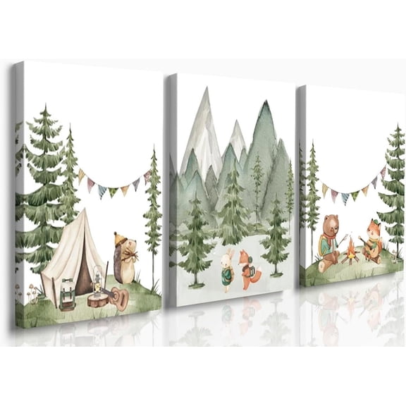 Hieng Baby Boy Nursery Wall Decor,Forest Animal Fox Bear Wall Hieng Set of 3 Boy Adventure Toddler Room Nursery Decor,Watercolor Mountain Forest Nature Woodland Painting Pictures for Bedroom
