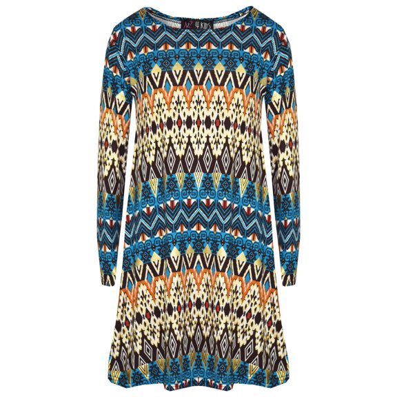 Girls Skater Dress Kids Aztec Print Summer Party Swing Midi Dresses 7-13 Years