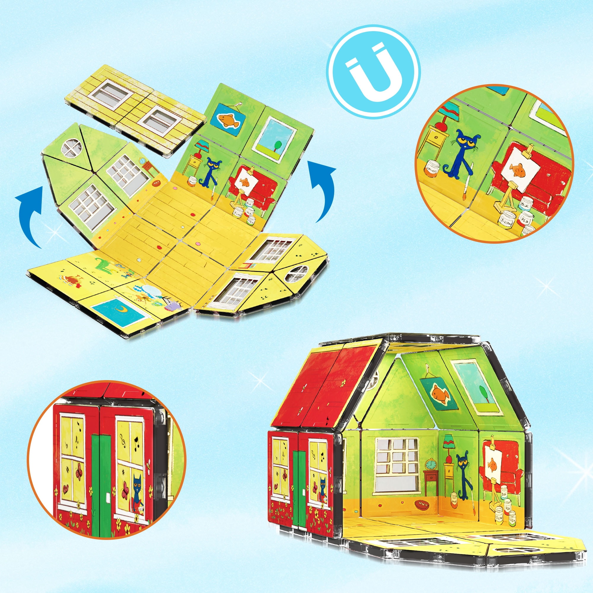 PicassoTiles Pete The Cat Magnetic Tiles, Home Theme Building Blocks with Double-Sided Printing, STEM Educational Toy for Toddlers Boys & Girls 3+