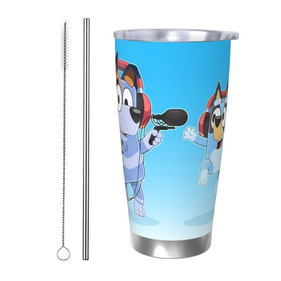Masiiu Bluey Print 20OZ Car Cup for Travel, Insulated Stainless Steel Cup, Leak-Proof Lid with Straw and Direct Drinking Opening-Straw Two-piece Set