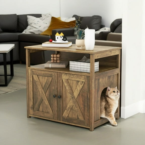 Demi Bonn 31.5" Cat Litter Box Enclosure, Hidden Cat Litter Box Furniture with Double Barn Doors Divider, Hidden Cat House Washroom with Storage Shelf, Brown
