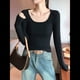 thumbnail image 5 of Camisetas de Larga para Mujer, Blusas de Cuello Cuadrado, Blusas Básicas de Punto Acanalado, Conjuntos de Otoño, Ropa de Moda Negro M, 5 of 7