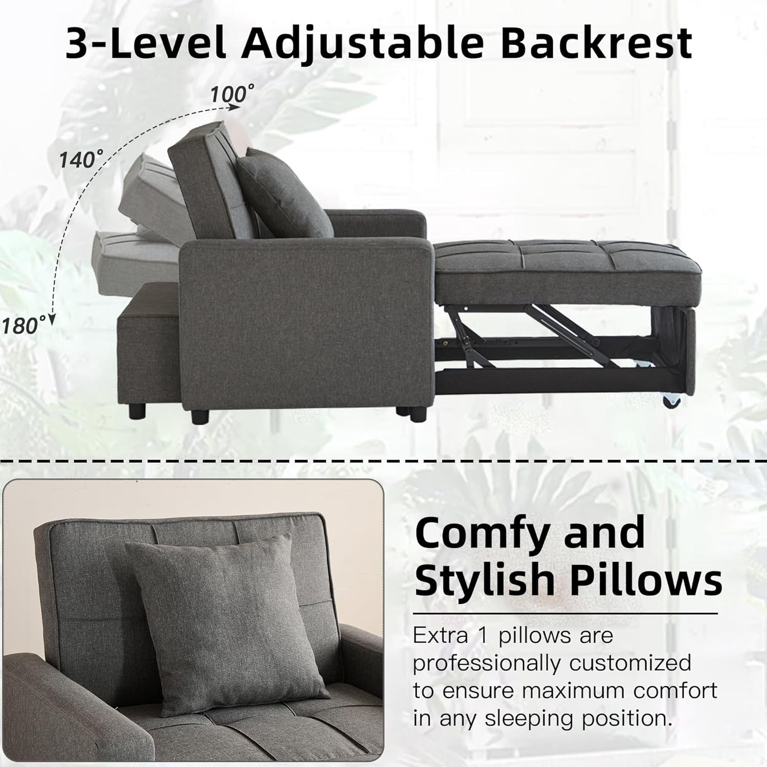 Gewnee 3-in-1 Convertible Chair Bed, Fabric Single Sleeper Sofa Bed with Adjustable Backrest, Perfect for Dorms, Offices and Small Apartments, Dark Gray