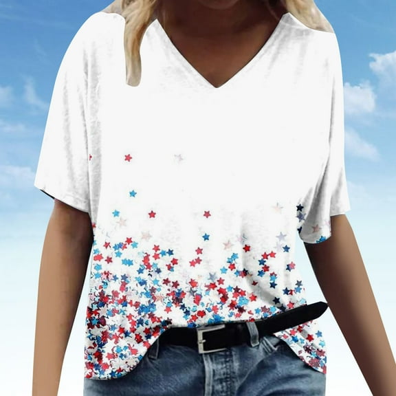 Lilgiuy Basic V Neck Tops for Women Middle Sleeve Casual Loose Blouse Print Summer T-Shirt