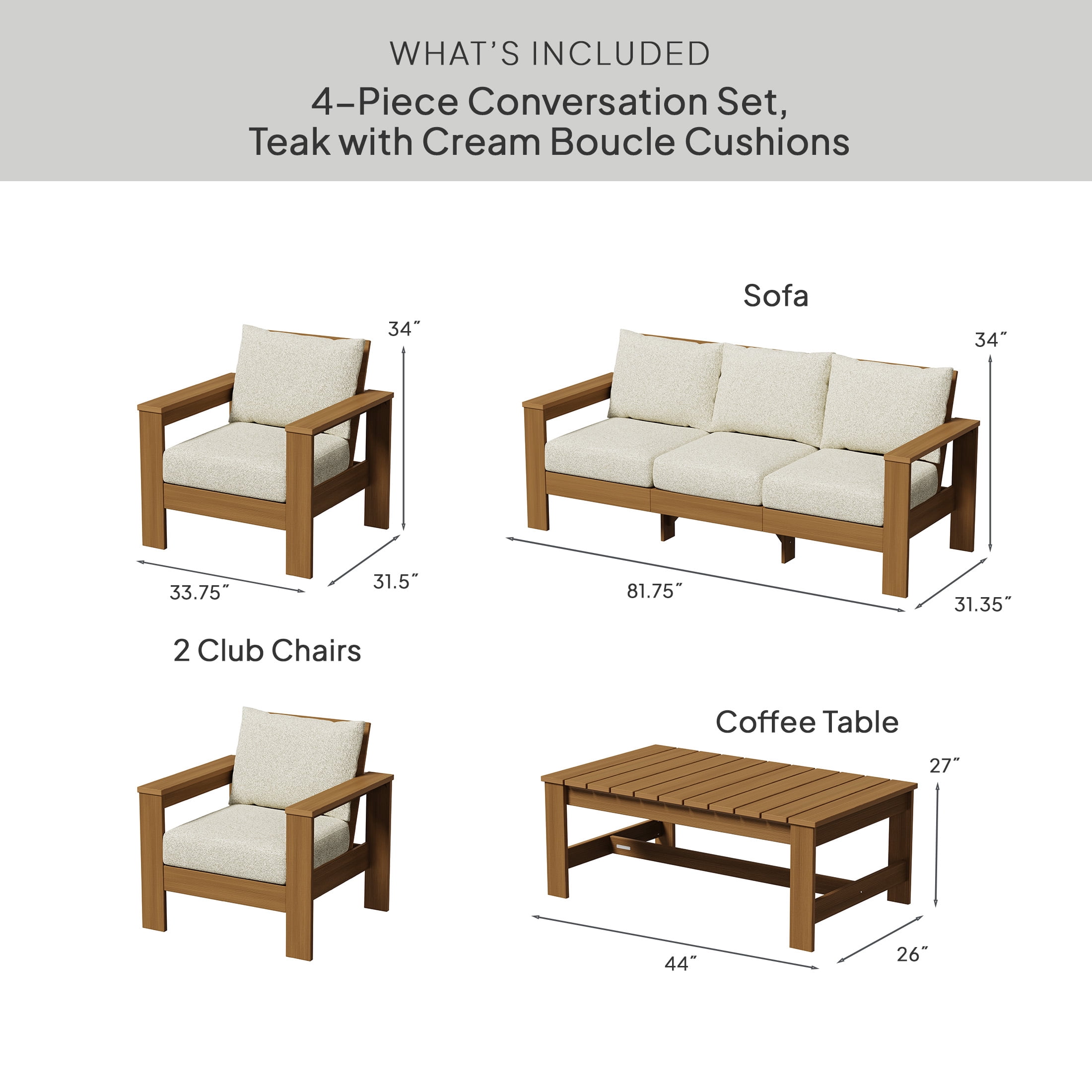 Better Homes & Gardens Ezra 4-Piece Outdoor HDPE Conversation Set, Teak with Cream Boucle Cushions