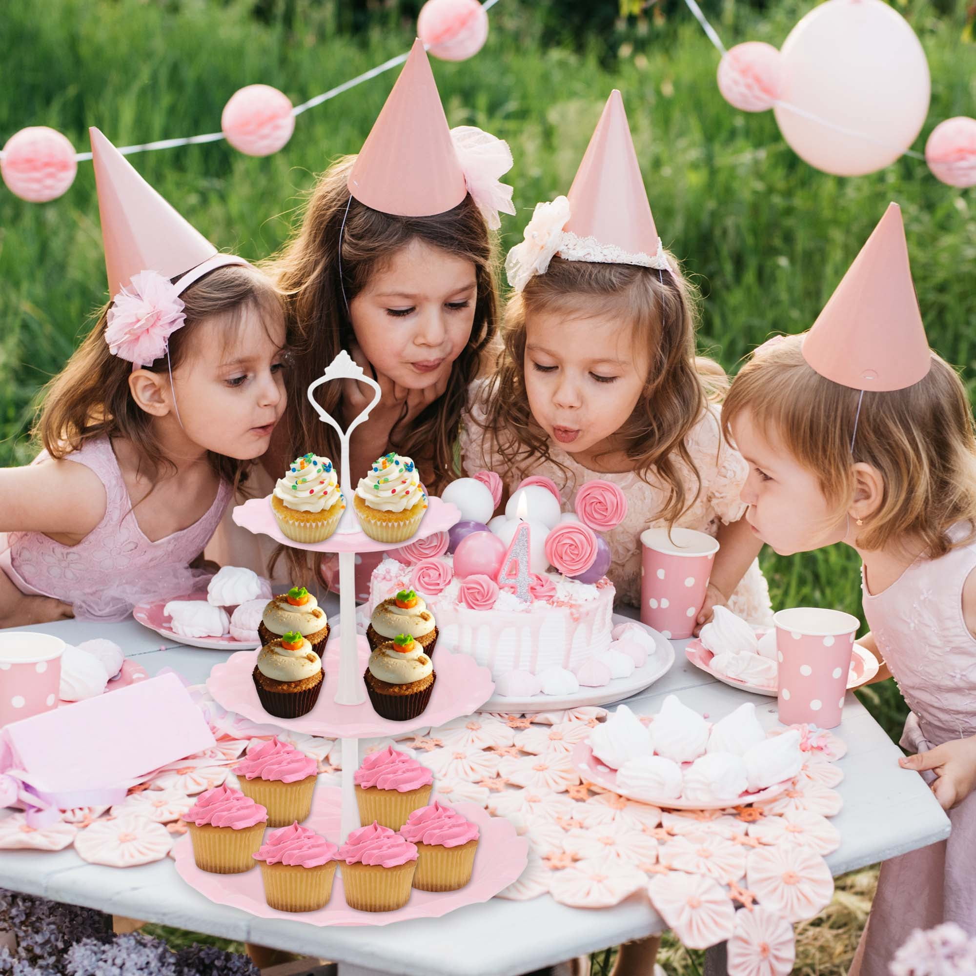 Unique Bargains 3-Layer Cupcake Stand Round Display Holder Pink White