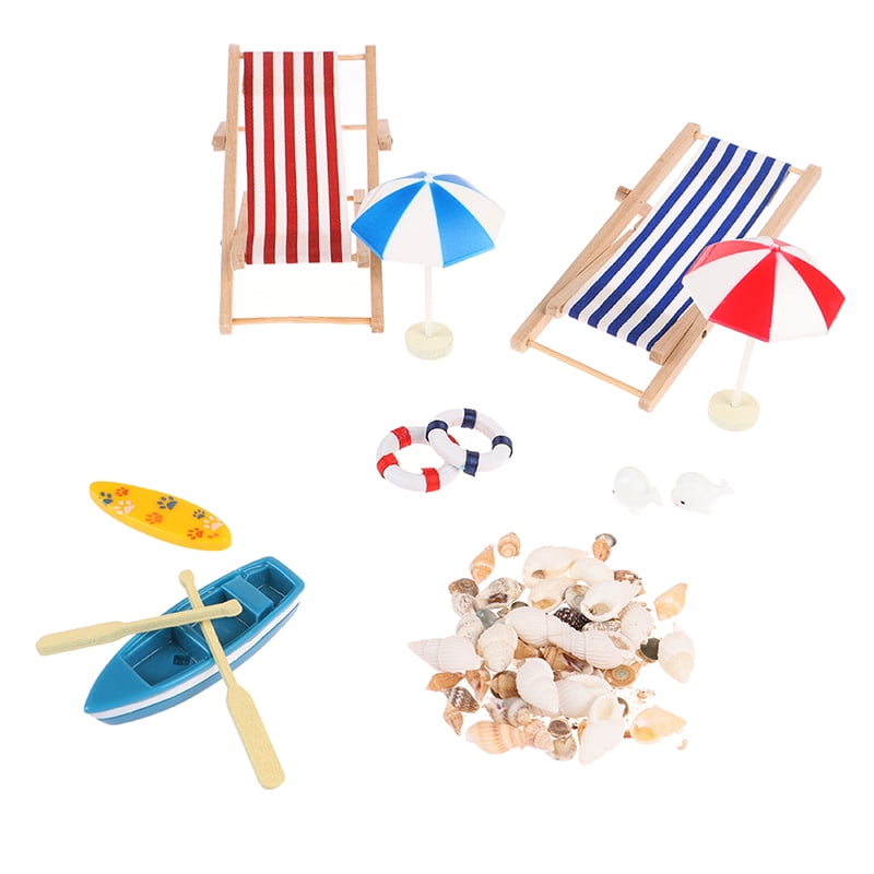 18Pcs 1:12 Dollhouse Miniature Deck Chair Beach Umbrella Boat Shell Kits De.S5 