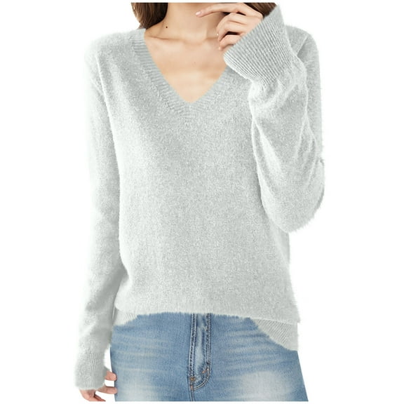 Admvng Sweaters for Women Solid Color V-neck Knitted Sweater Thin Lightweight Soft Pullover Sweater Long Sleeve Shirts for Casual Fall Outfits Trendy S-2XL