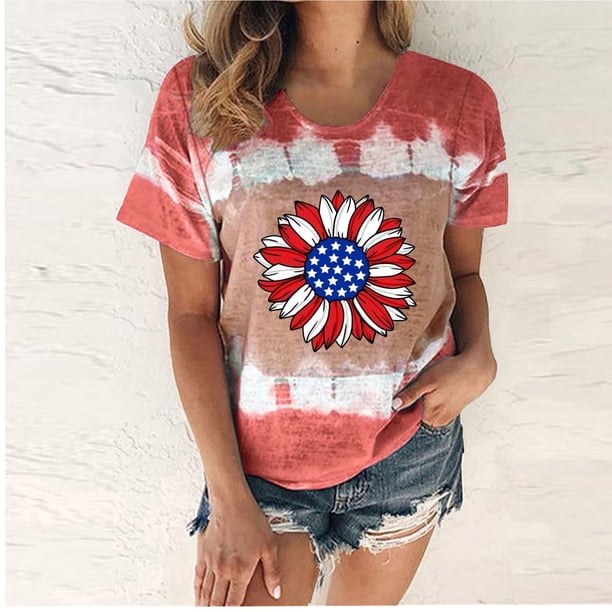 Fiudx Ofertas Relámpago Camiseta de Manga Corta con Cuello Redondo y Estampado Del Día de La Independencia para Mujer